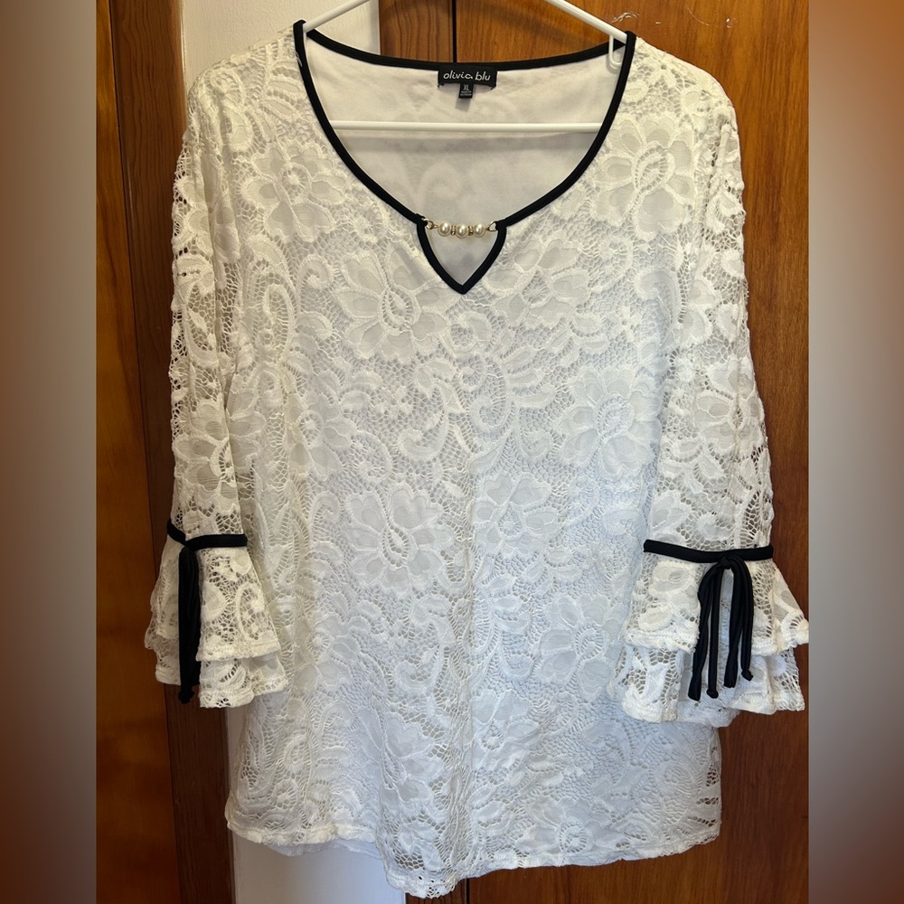 Chic White Lace Blouse with Black Accents